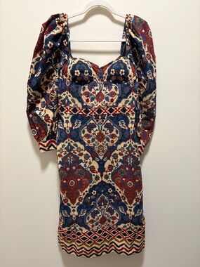 Ranna Gill Boho Floral Jacquard Puff Sleeve Mini Dress Medium